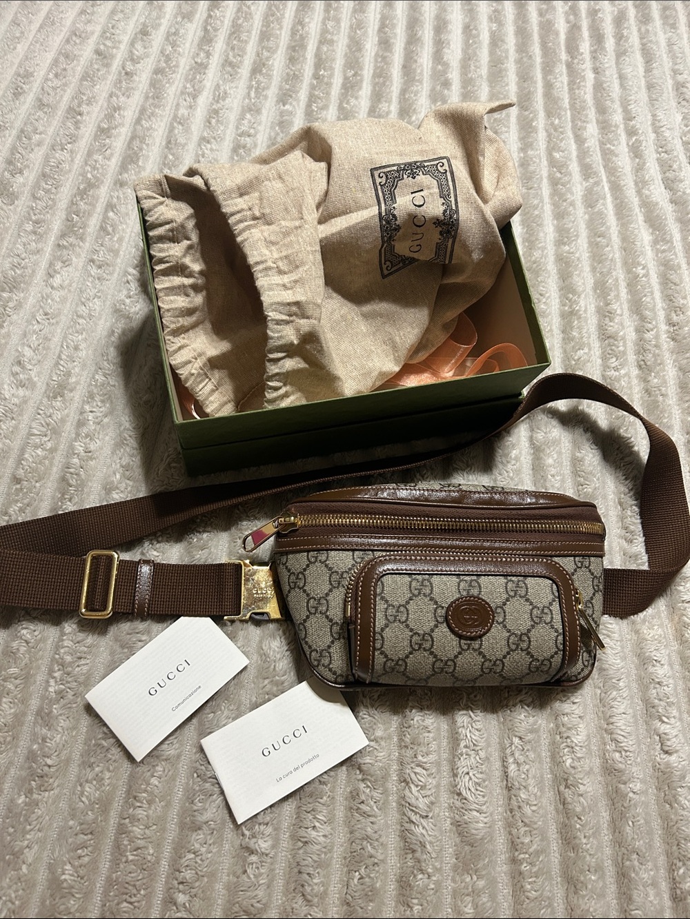 Gucci Brown GG Canvas Waist Bag with Gold Hardware